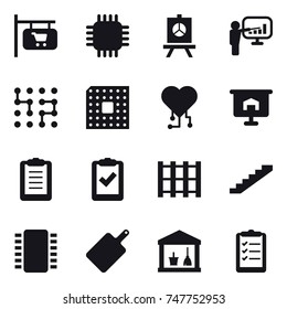 16 vector icon set : shop signboard, chip, presentation, cpu, cardio chip, stairs, cutting board, utility room, clipboard list