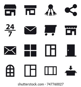 16 vector icon set : shop, share, 24/7, mail, delivery, window, door, arch window, package