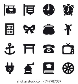 16 vector icon set : shop signboard, clock, alarm clock, abacus, bow, purse, windmill, stool, phone, tv, hand mill, wheel