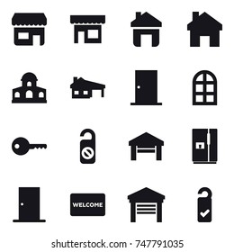 16 vector icon set : shop, home, mansion, house with garage, door, arch window, key, do not distrub, garage, fridge, welcome mat, please clean