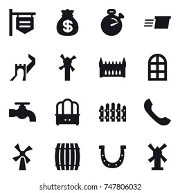16 vector icon set : shop signboard, money bag, stopwatch, delivery, greate wall, windmill, gothic architecture, arch window, water tap, dresser, fence, barrel, horseshoe