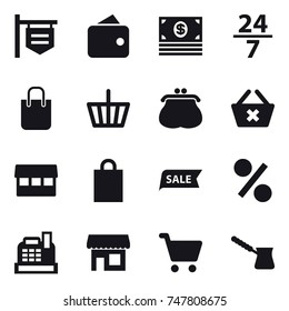 16 vector icon set : shop signboard, wallet, money, 24/7, shopping bag, basket, purse, delete cart, market, sale, percent, cashbox, shop, turk
