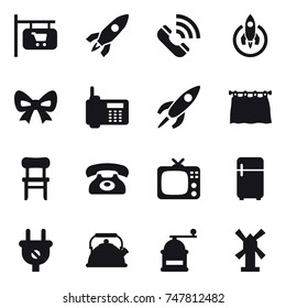 16 vector icon set : shop signboard, rocket, call, bow, curtain, chair, phone, tv, fridge, kettle, hand mill, windmill