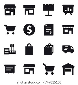 16 vector icon set : shop, billboard, presentation, cart, dollar coin, account balance, store, shopping bag, delivery, atm receipt, garage
