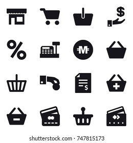 16 vector icon set : shop, cart, basket, investment, percent, cashbox, crypto currency, hand coin, account balance, add to basket, remove from basket, credit card