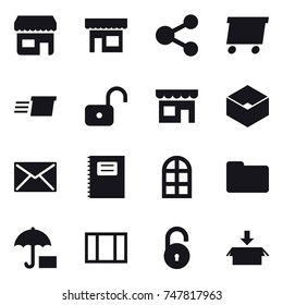 16 vector icon set : shop, share, delivery, unlock, box, mail, copybook, arch window, window, package