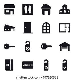 16 vector icon set : shop, wc, home, mansion, house with garage, door, arch window, plan, key, do not distrub, garage, fridge, welcome mat, please clean