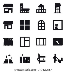 16 vector icon set : shop, mansion, cottage, building, window, arch window, flower in window, curtain, clean floor, clean  window, skyscrapers cleaning, toilet cleaning