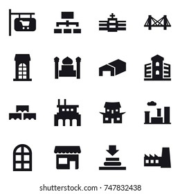 16 vector icon set : shop signboard, hierarchy, bridge, building, minaret, warehouse, block wall, factory, japanese house, city, arch window, shop