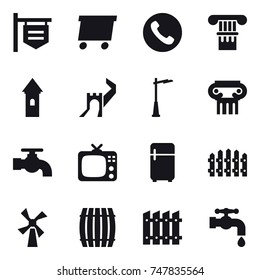 16 vector icon set : shop signboard, delivery, phone, column, tower, greate wall, outdoor light, antique column, water tap, tv, fridge, fence, windmill, barrel