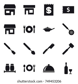 16 vector icon set : shop, receipt, cafe, pan, skimmer, spatula, big spoon, chef knife, meat hammer, wine