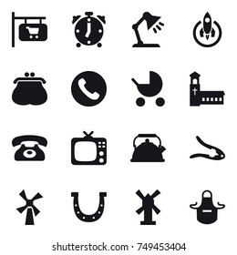 16 vector icon set : shop signboard, alarm clock, table lamp, rocket, purse, phone, baby stroller, church, tv, kettle, walnut crack, windmill, horseshoe, apron