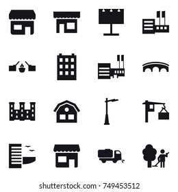 16 vector icon set : shop, billboard, store, drawbridge, building, mall, bridge, palace, house, outdoor light, hotel, sweeper, garden cleaning