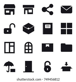 16 vector icon set : shop, share, mail, unlock, box, copybook, arch window, door, package