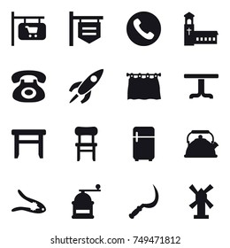 16 vector icon set : shop signboard, phone, church, curtain, table, stool, chair, fridge, kettle, walnut crack, hand mill, sickle, windmill