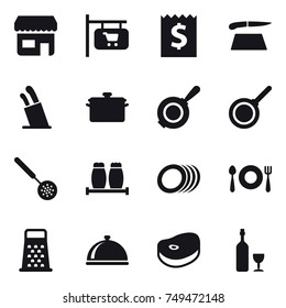 16 vector icon set : shop, shop signboard, receipt, cutting board, stands for knives, pan, skimmer, wine