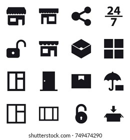16 vector icon set : shop, share, 24/7, unlock, box, window, door, package