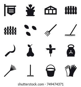 16 vector icon set : shop signboard, flower, greenhouse, fence, seeds, fork, rake, sickle, pear, scarecrow, fertilizer, bucket, gloves