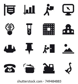 16 vector icon set : shop signboard, graph, courier, monitor arrow, bulb brain, vial, cpu, mansion, building helmet, landscape, phone, steam pan, harvester, goose