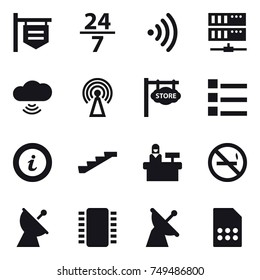 16 vector icon set : shop signboard, 24/7, wireless, server, cloud wireless, antenna, store signboard, list, info, stairs, reception, no smoking, satellite antenna