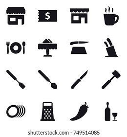 16 vector icon set : shop, receipt, hot drink, cafe, restaurant, cutting board, stands for knives, spatula, big spoon, knife, meat hammer, hot pepper, wine