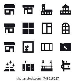 16 vector icon set : shop, mansion, cottage, window, arch window, flower in window, clean floor, clean  window, skyscapers cleaning, skyscrapers cleaning