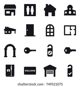 16 vector icon set : shop, wc, home, mansion, house with garage, door, arch window, plan, arch, key, do not distrub, fridge, welcome mat, garage, please clean
