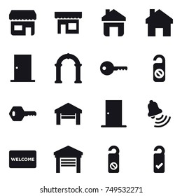 16 vector icon set : shop, home, door, arch, key, do not distrub, garage, bell, welcome mat, please clean