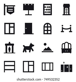 16 vector icon set : shop signboard, billboard, abacus, building, window, door, arch window, vip fence, detector, dog, landscape, dresser, rack, clean  window