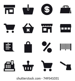 16 vector icon set : shop, basket, dollar, shopping bag, cart, delete cart, market, shopping list, percent, barcode, cashbox, turk