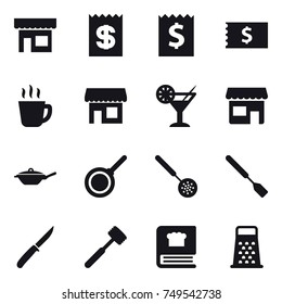 16 vector icon set : shop, receipt, hot drink, cocktail, pan, skimmer, spatula, knife, meat hammer