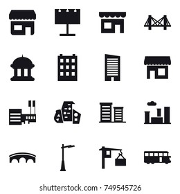 16 vector icon set : shop, billboard, bridge, goverment house, building, skyscraper, mall, modern architecture, district, city, outdoor light, bus