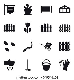 16 vector icon set : shop signboard, flower, fence, greenhouse, seeds, sickle, wheelbarrow, sow, rake, bucket, gloves