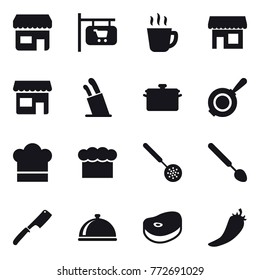 16 vector icon set : shop, shop signboard, hot drink, stands for knives, pan, cook hat, chef  hat, skimmer, big spoon, chef knife, hot pepper