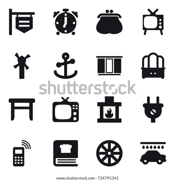 16
vector icon set : shop signboard, alarm clock, purse, tv, windmill,
wardrobe, dresser, stool, fireplace, wheel, car
wash