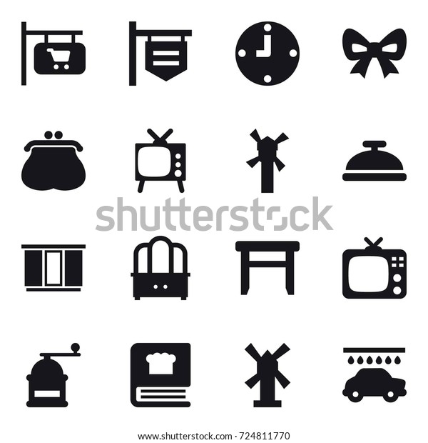 16 vector icon set : shop signboard, clock, bow,\
purse, tv, windmill, service bell, wardrobe, dresser, stool, hand\
mill, car wash