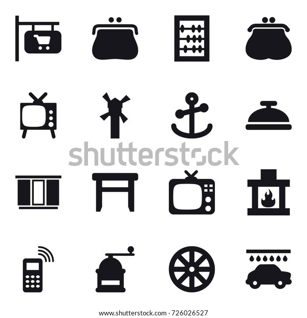 16 vector icon set : shop signboard, purse, abacus,\
tv, windmill, service bell, wardrobe, stool, fireplace, hand mill,\
wheel, car wash