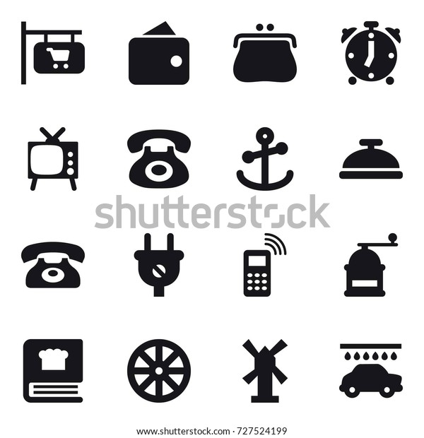 16 vector icon set : shop signboard, wallet, purse,\
alarm clock, tv, service bell, phone, hand mill, wheel, windmill,\
car wash