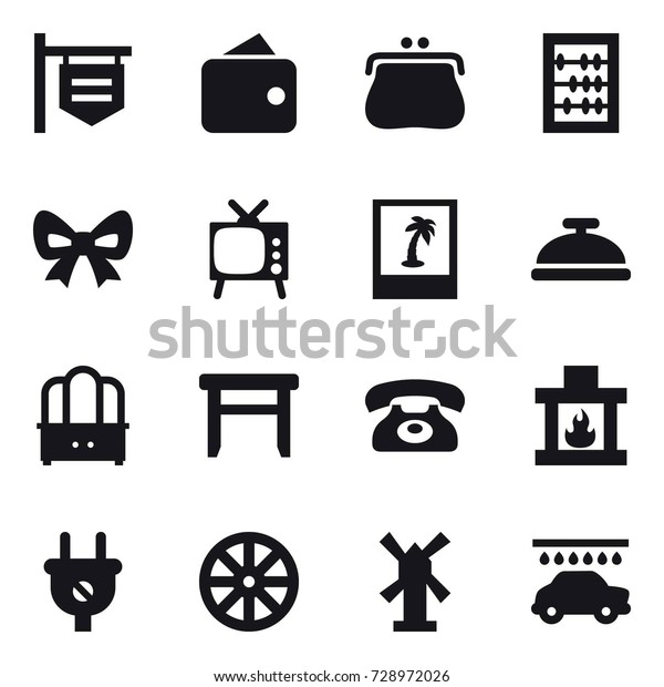 16 vector icon set : shop signboard,\
wallet, purse, abacus, bow, tv, photo, service bell, dresser,\
stool, phone, fireplace, wheel, windmill, car\
wash