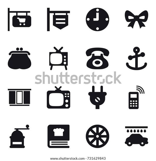 16 vector icon set : shop\
signboard, clock, bow, purse, tv, wardrobe, hand mill, wheel, car\
wash