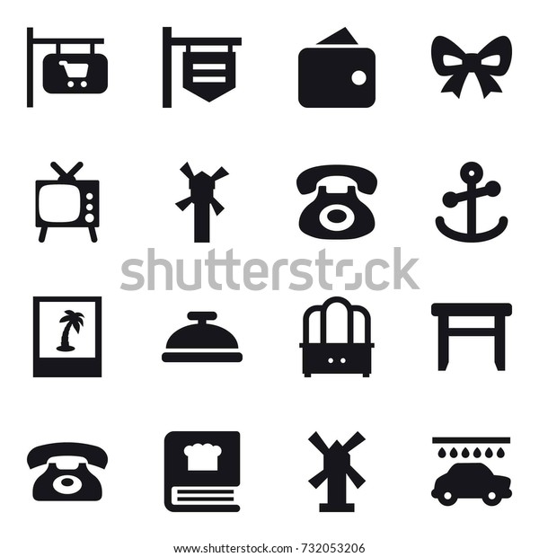 16 vector
icon set : shop signboard, wallet, bow, tv, windmill, photo,
service bell, dresser, stool, phone, car
wash
