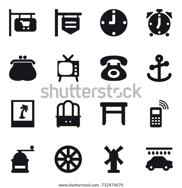 16 vector icon set : shop signboard, clock, alarm\
clock, purse, tv, photo, dresser, stool, hand mill, wheel,\
windmill, car wash