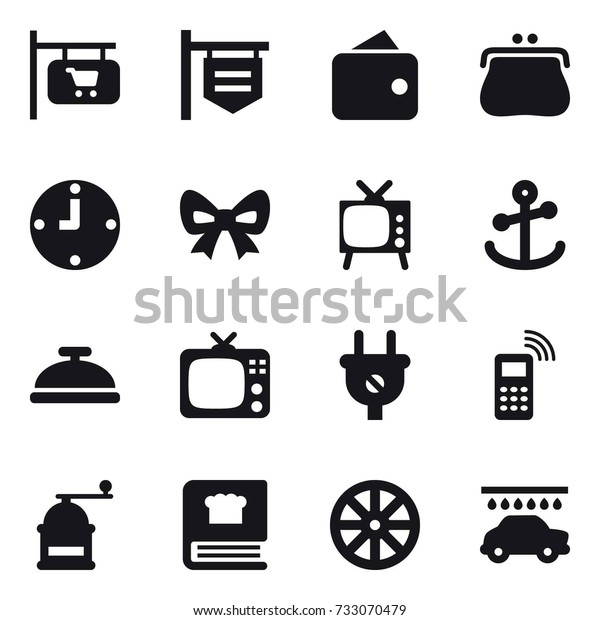 16 vector icon\
set : shop signboard, wallet, purse, clock, bow, tv, service bell,\
hand mill, wheel, car wash