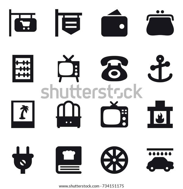 16 vector icon set :\
shop signboard, wallet, purse, abacus, tv, photo, dresser,\
fireplace, wheel, car wash