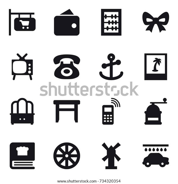 16\
vector icon set : shop signboard, wallet, abacus, bow, tv, photo,\
dresser, stool, hand mill, wheel, windmill, car\
wash