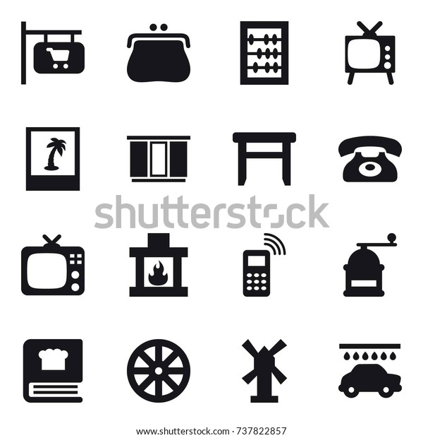 16 vector icon set : shop signboard, purse, abacus,\
tv, photo, wardrobe, stool, phone, fireplace, hand mill, wheel,\
windmill, car wash