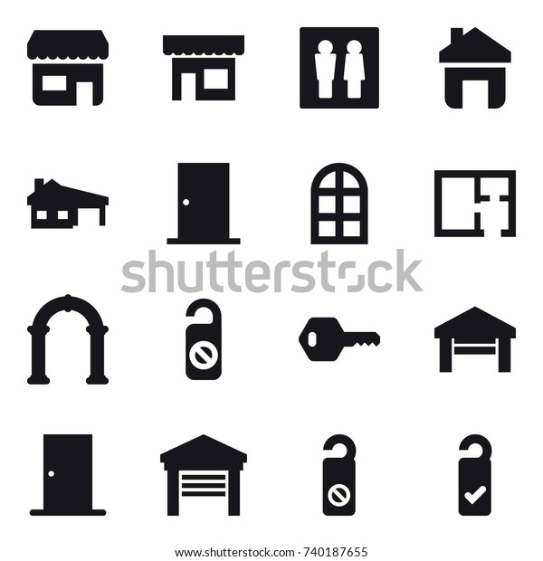 16 vector icon set : shop, wc, home, house with
garage, door, arch window, plan, arch, do not distrub, key, garage,
please clean
