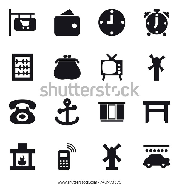 16 vector icon set : shop signboard, wallet, clock,
alarm clock, abacus, purse, tv, windmill, wardrobe, stool,
fireplace, car wash