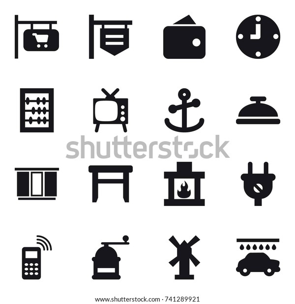 16 vector icon set : shop signboard, wallet, clock,\
abacus, tv, service bell, wardrobe, stool, fireplace, hand mill,\
windmill, car wash