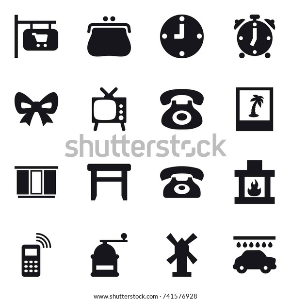 16 vector icon set : shop signboard, purse,
clock, alarm clock, bow, tv, photo, wardrobe, stool, phone,
fireplace, hand mill, windmill, car
wash